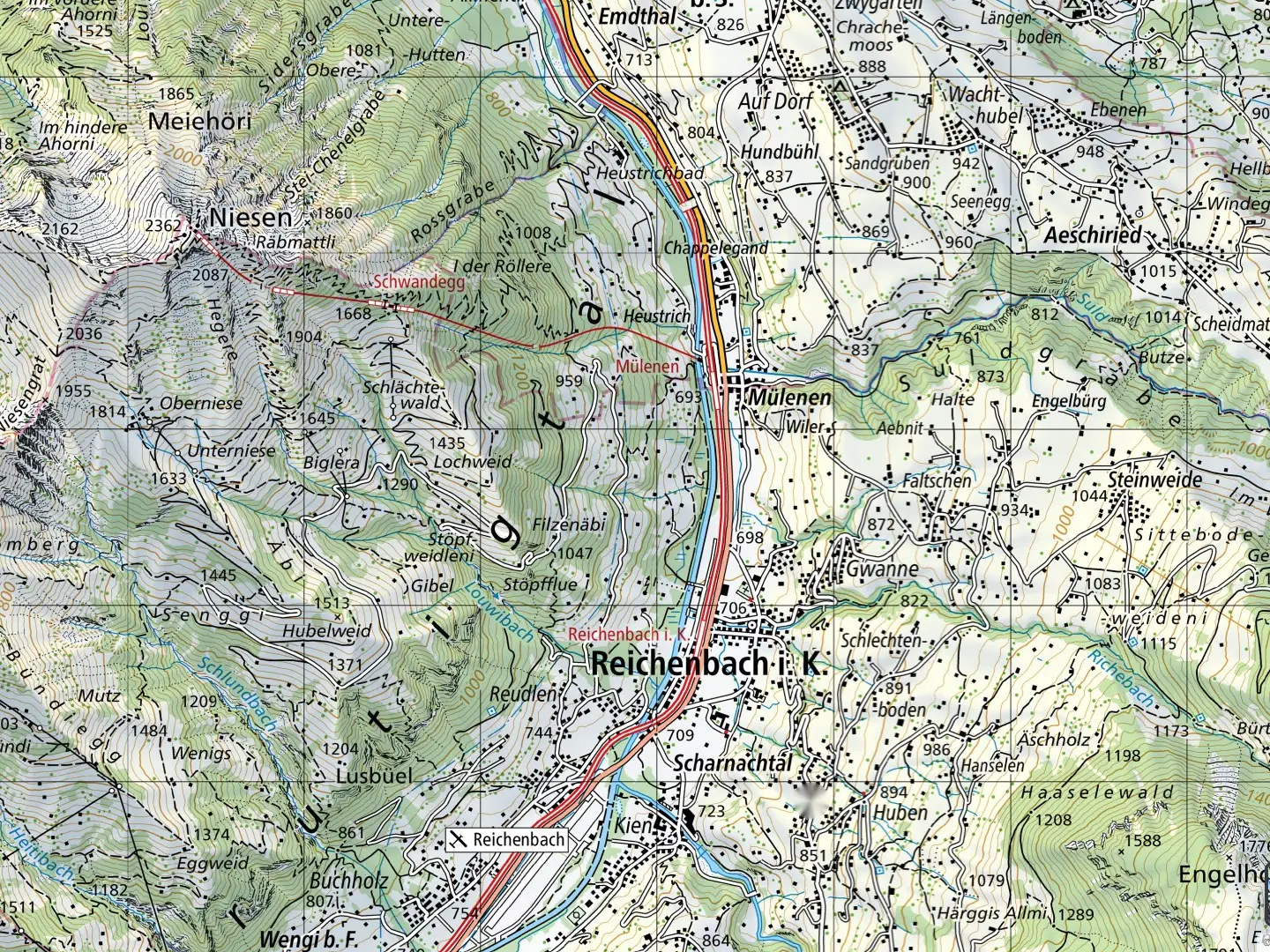 Landeskarte 1:25 000 von Scharnachtal über Mülenen bis auf den Niesen