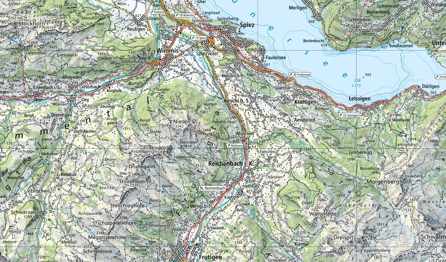 Landeskarte vom Thunersee bis Frutigen, mit roter Linie die Route von Scharnachtal auf den Niesen